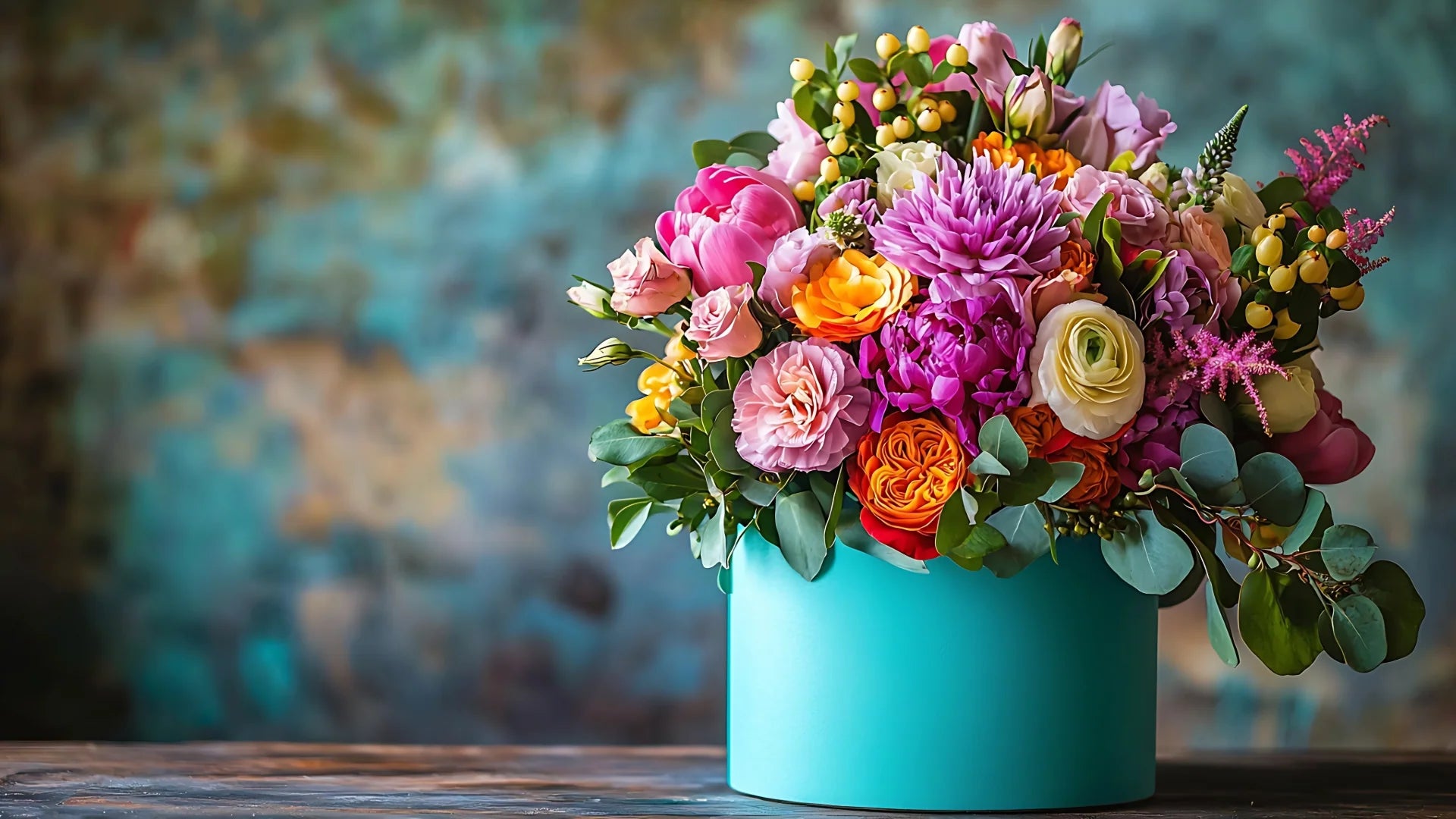 Colorful bouquet of flowers in a teal box against a blurred floral-patterned background