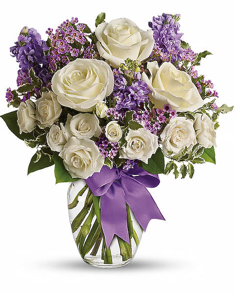 white roses and purple flowers